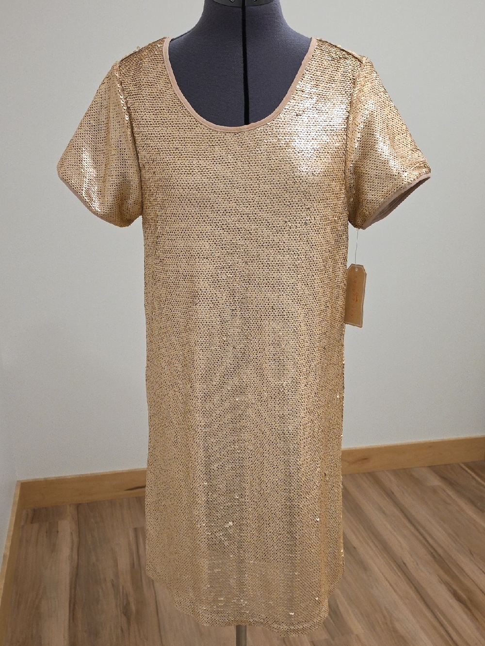 Copper Key Gold Sequin Short Sleeve Mini Dress